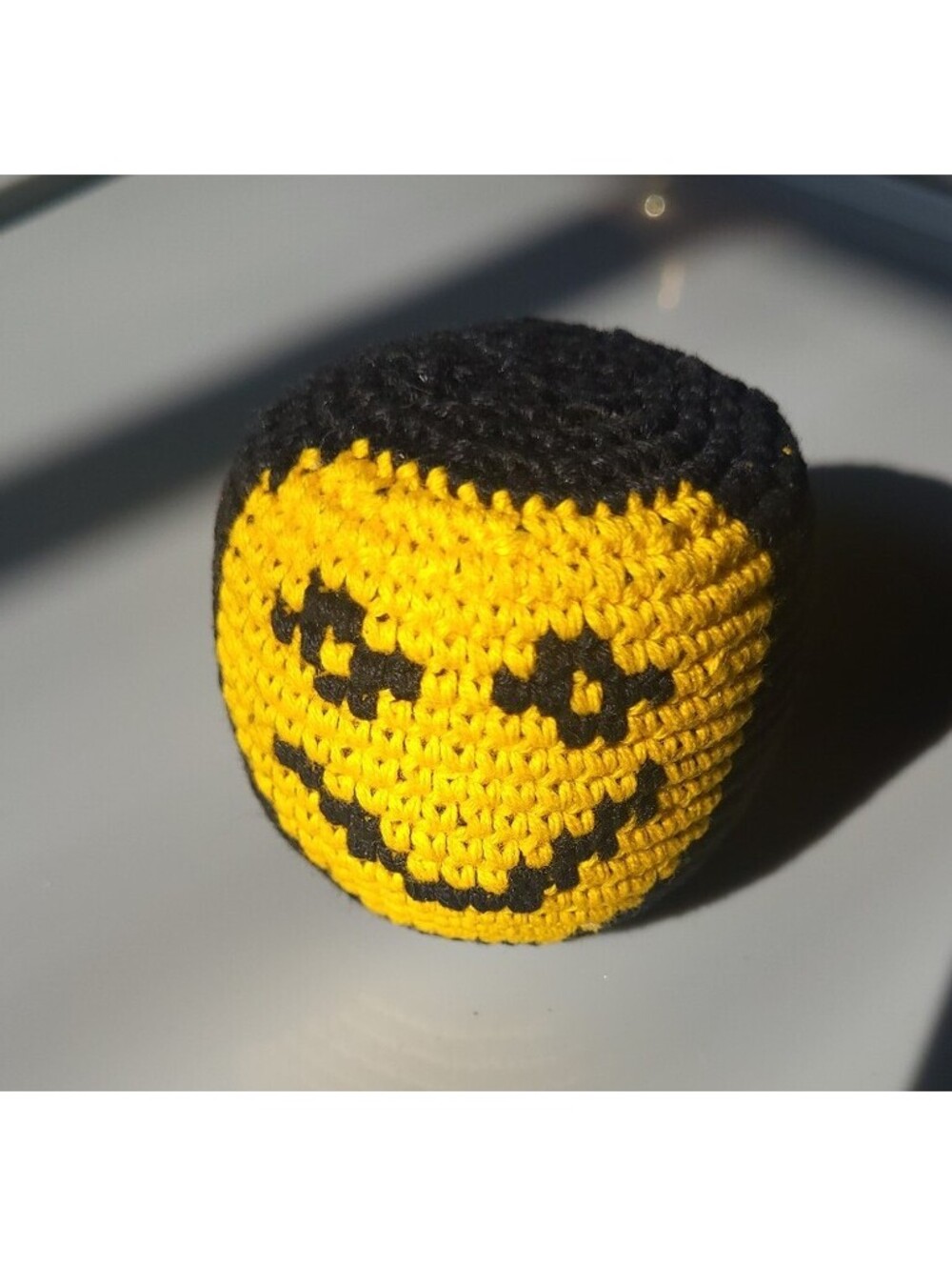 Smiley Face Crochet Hacky Sack Footbag Made in Guatemala  Yellow/Black